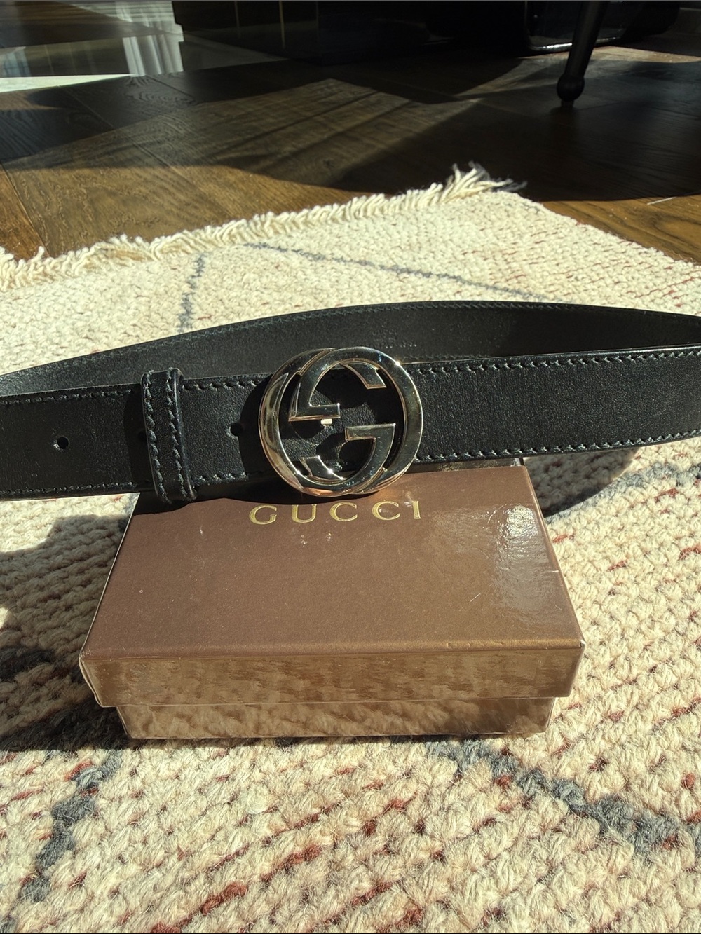 Gucci Black Leather Belt with Silver Double G Buckle